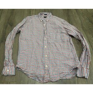 J Crew Linen Shirt Men’s Medium Red White Blue Gingham Button Down Slim